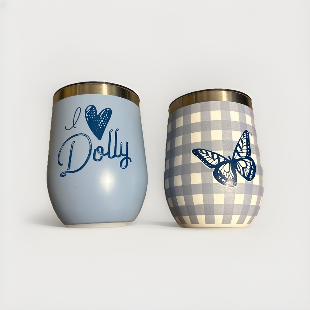 2 NEW 12oz Dolly Parton Blue BUTTERFLY GINGHAM CHECK & I 💙 Dolly Wine Tumblers